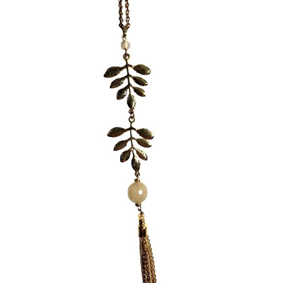Gold tone Leaf Pendant Necklace Chain Tassel Bead Accent Lobster Clasp - Picture 3 of 7